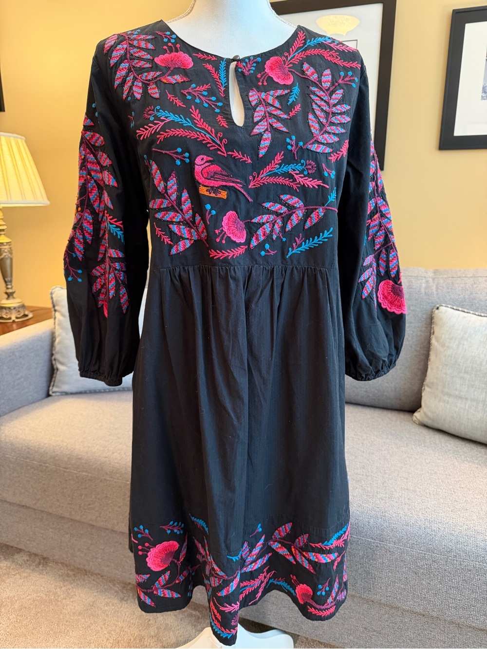 Maeve Black Embroidered in Red, Purple, and Turquoise Floral Long Sleeve Dress